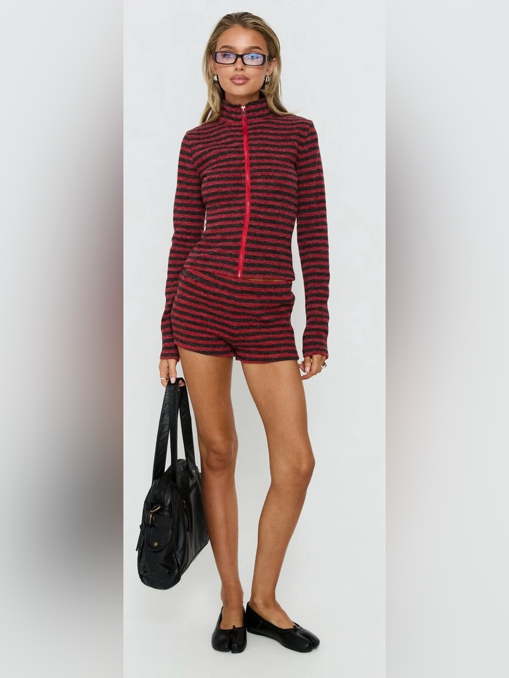 2-Piece Lioness Apex Funnel Neck Knit Jacket in Red Stripe